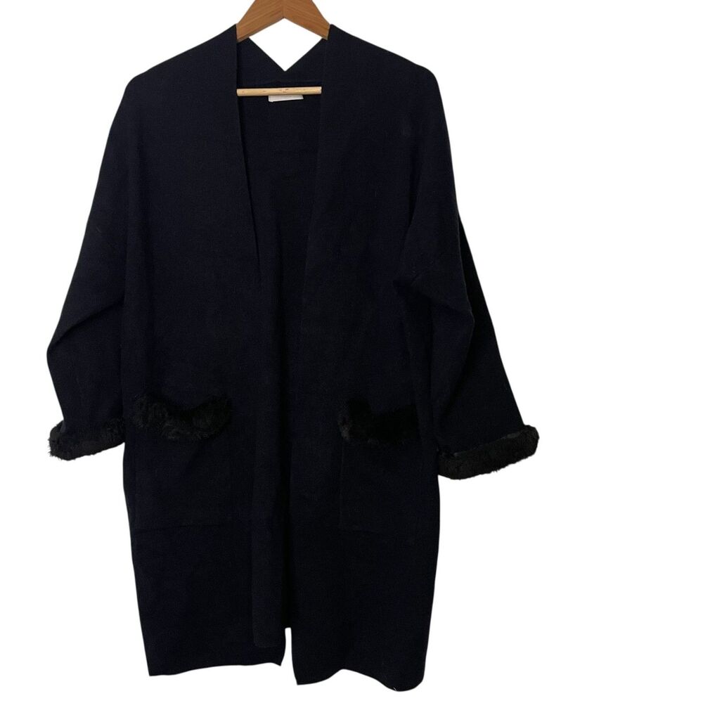 Massimo Romolini Firenze Sweater Coat Black Long Faux Fur Trim OSFA One Size